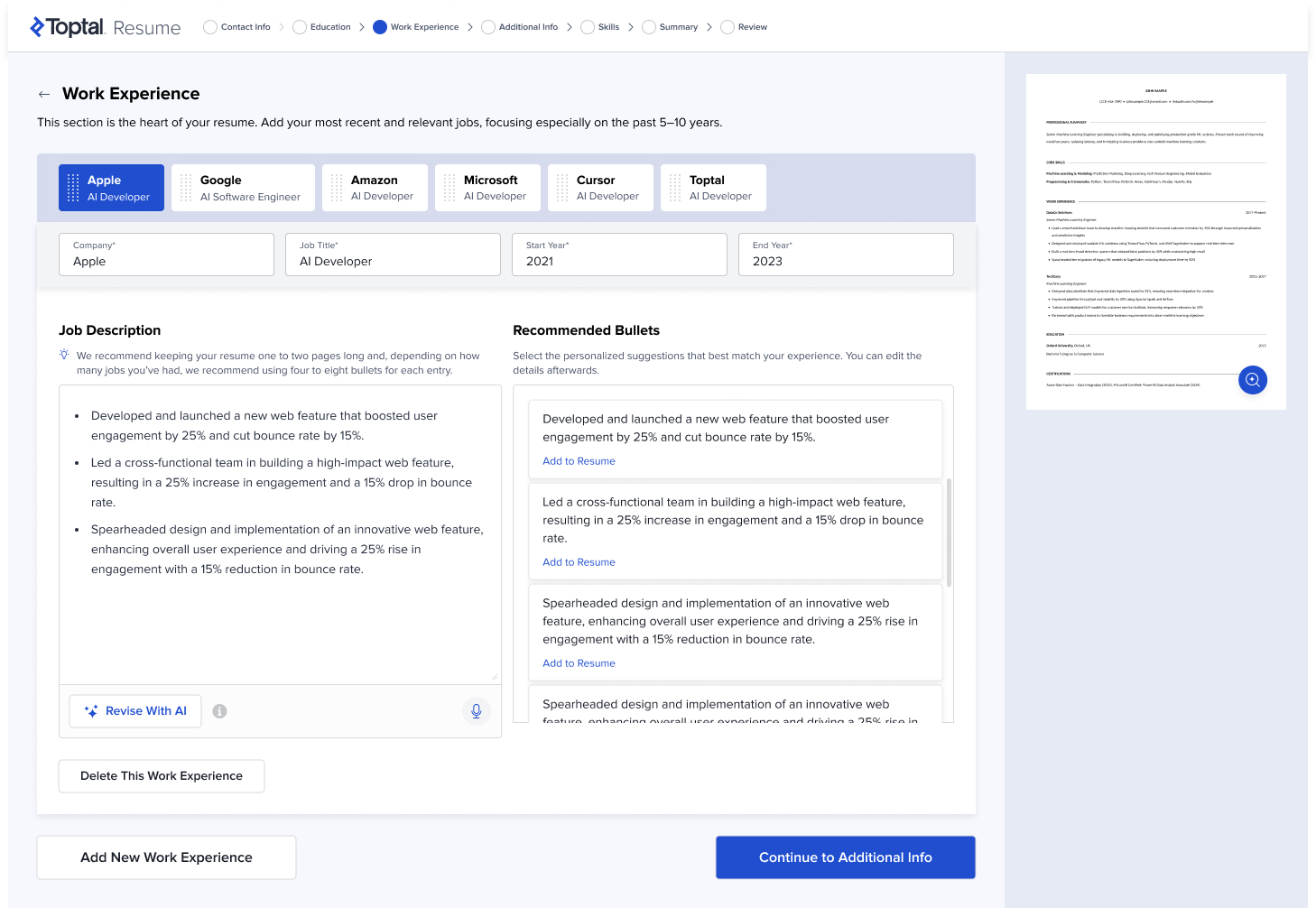 Toptal Resume — work experience step