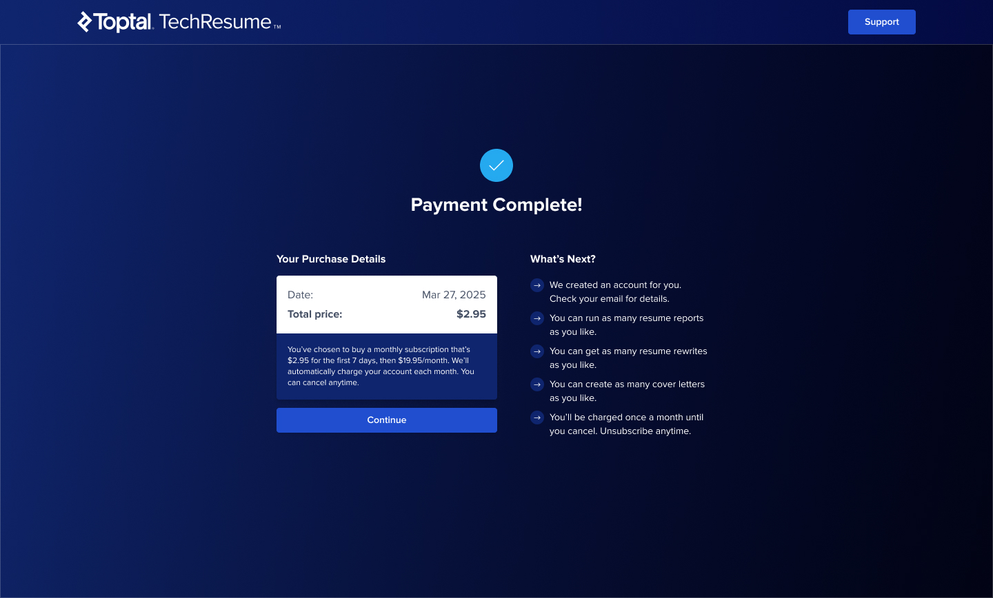 Toptal Resume — success state